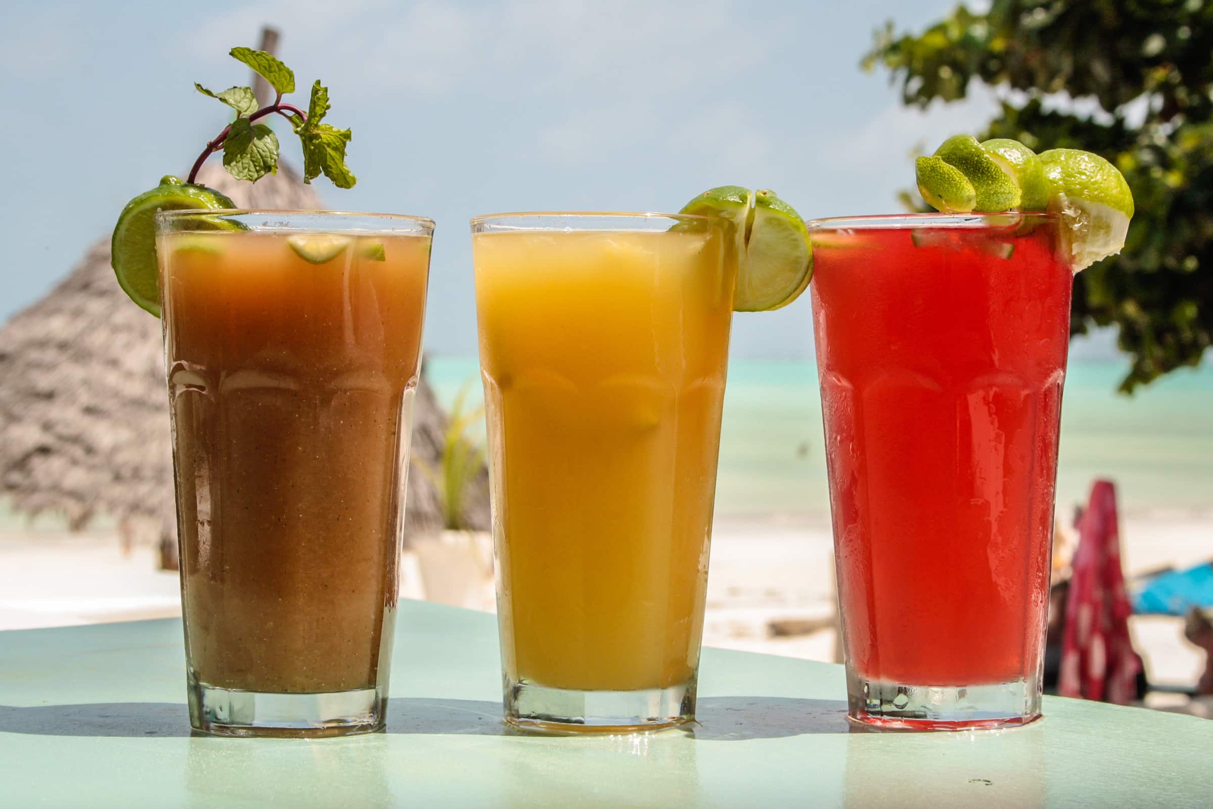 Three-Cocktails-on-beach-bar--MrKahawa-Paje-Beach-Zanzibar-Island